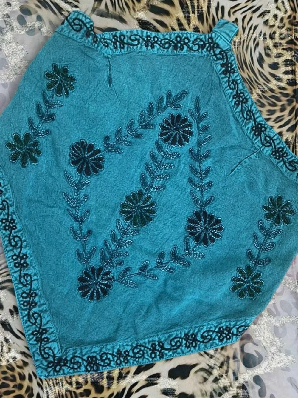 Boho Embroidered Teal Wide-Leg Pants & Overlay Set